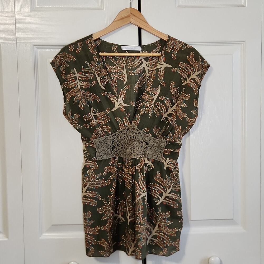Vintage Charlotte Russe Women's Green Babydoll Topβ Size Med Crochet Glitter Y2K